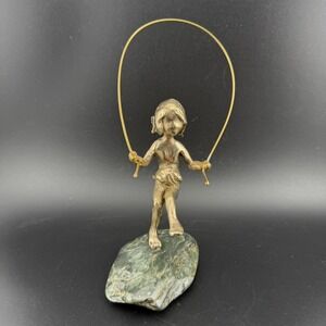 Malcolm Moran Girl Jumping Rope Bronze Sculpture on Jade‎ Nephrite Rare